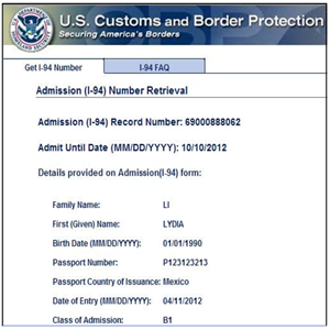 Exemple visa US I-94
