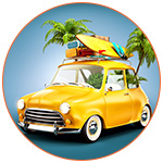 Illustration d'une voiture avec une planche de surf et des palmiers